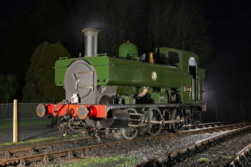 1369 in GWR Roundel Green livery during a night photoshoot at Buckfastleigh in March 2020 - Rob Sherwood